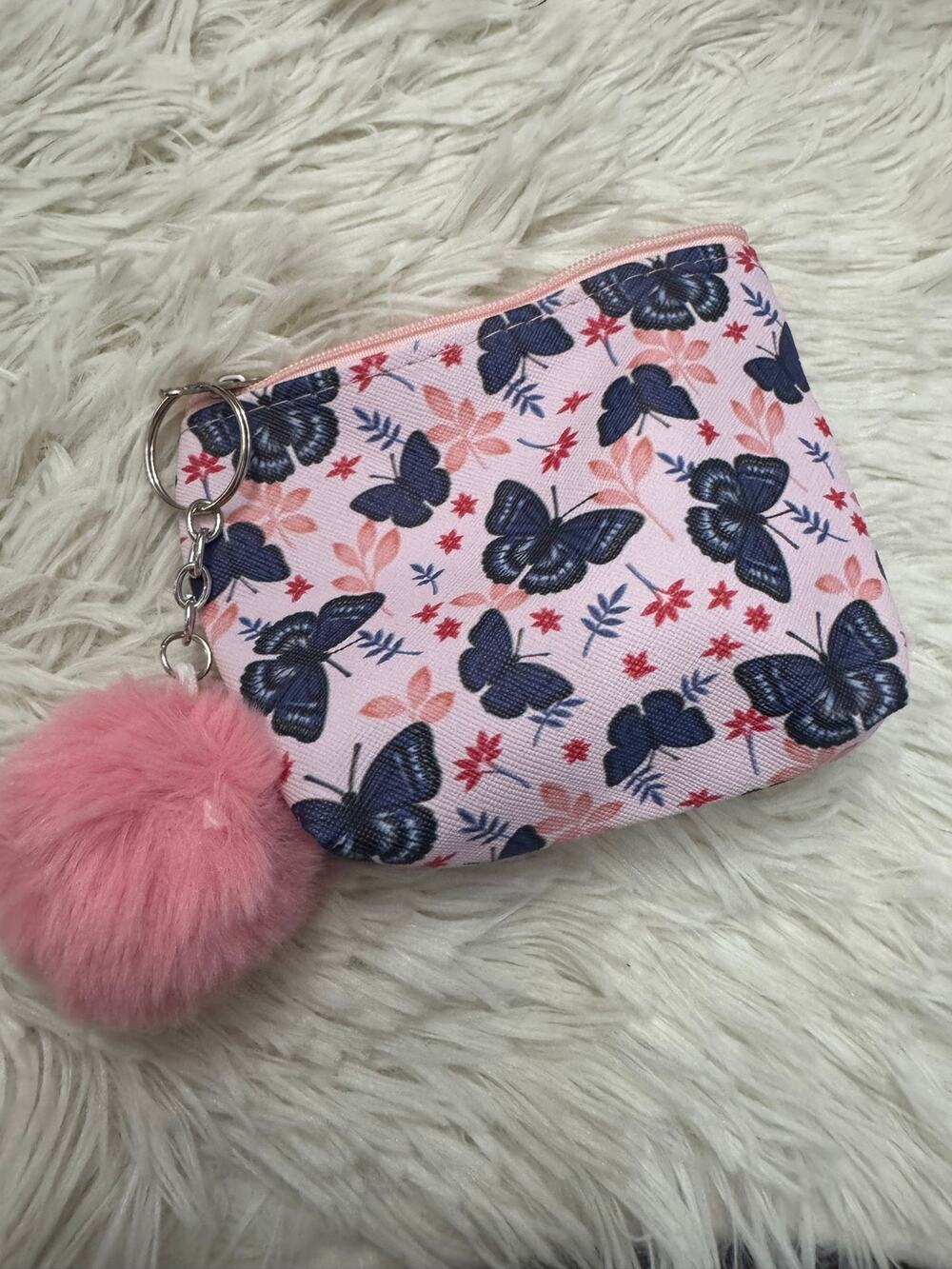 Pink & blue butterfly keychain coin purse with pink pom pom